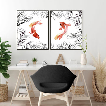 Koi fish Japanese art | set of 2 wall art prints for office decor