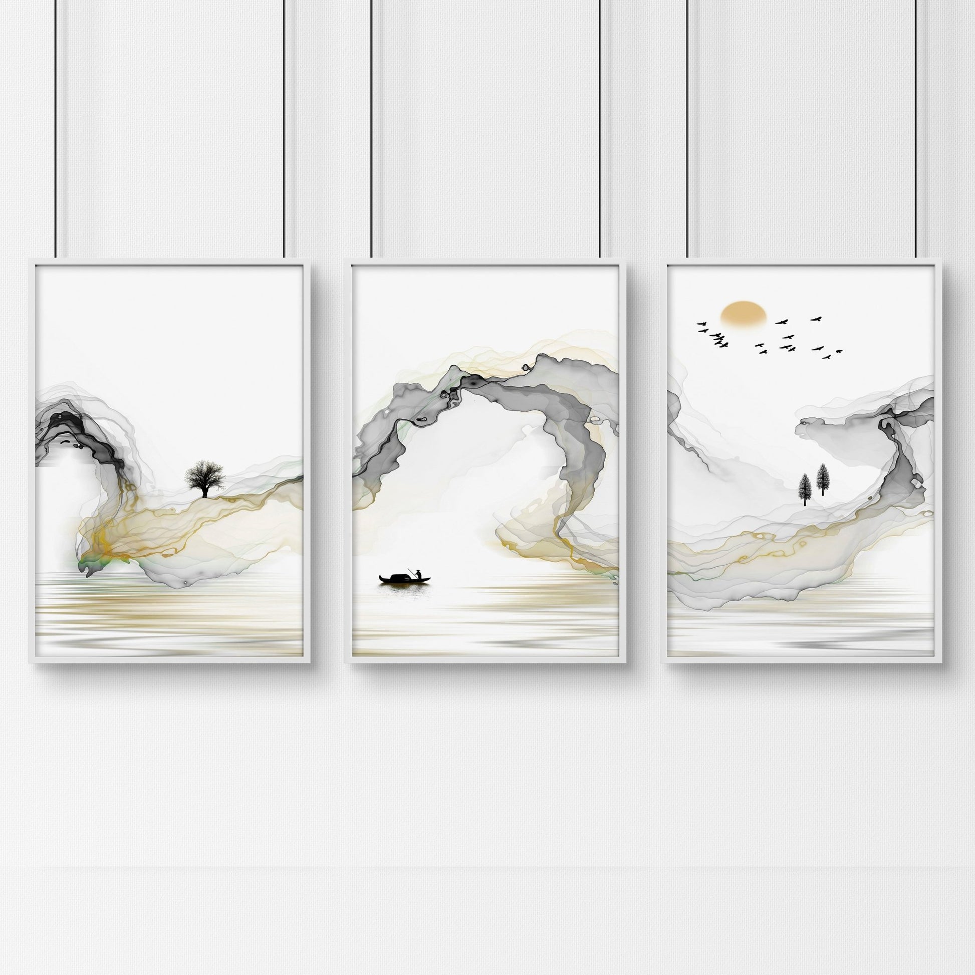 Landscape painting japanese for bedroom | set of 3 wall art prints