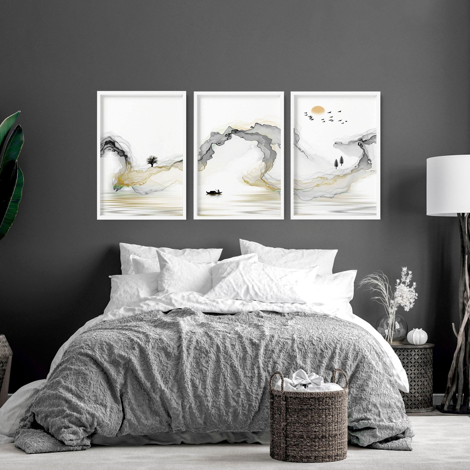 Landscape painting japanese for bedroom | set of 3 wall art prints