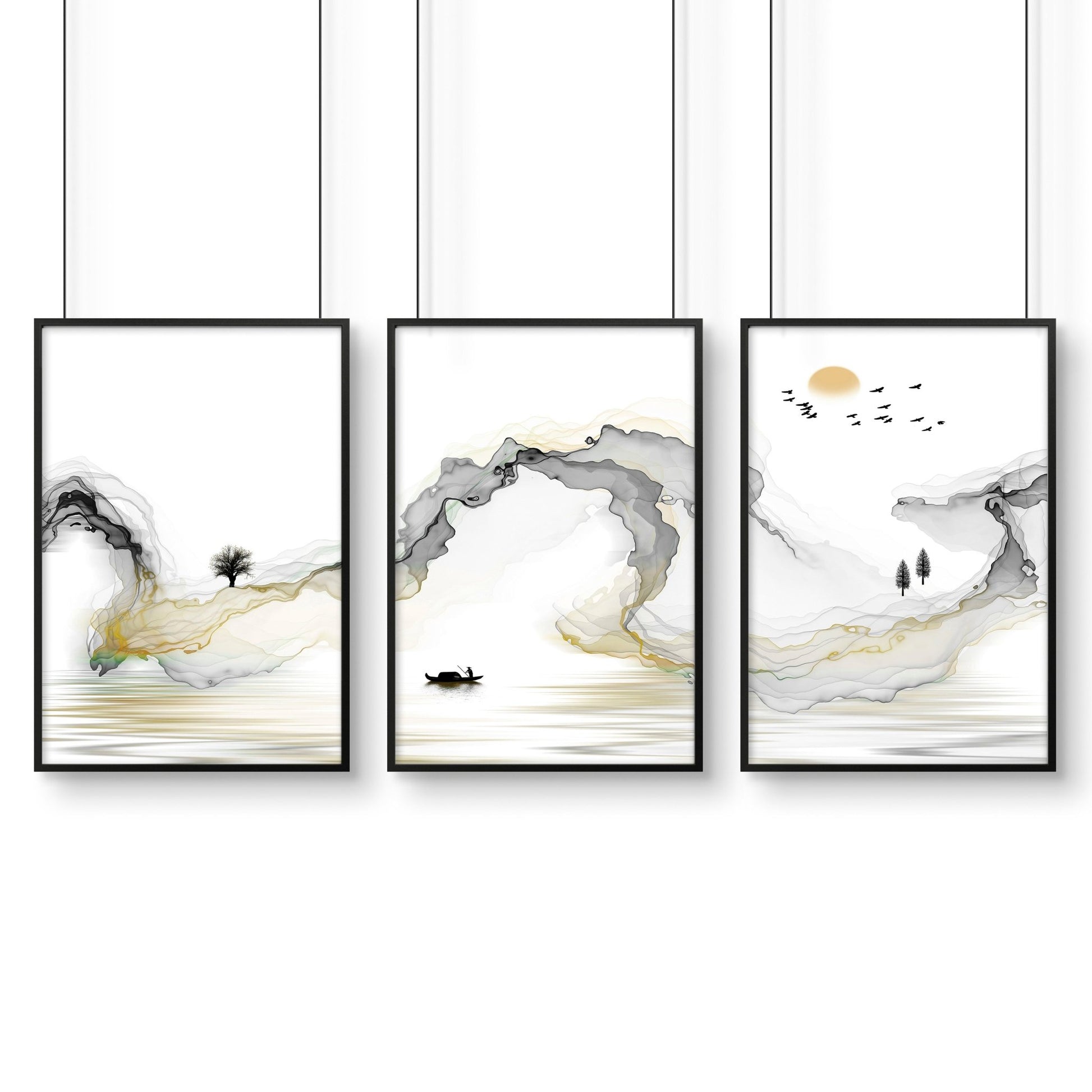 Landscape painting Japanese | set of 3 Bedroom wall art