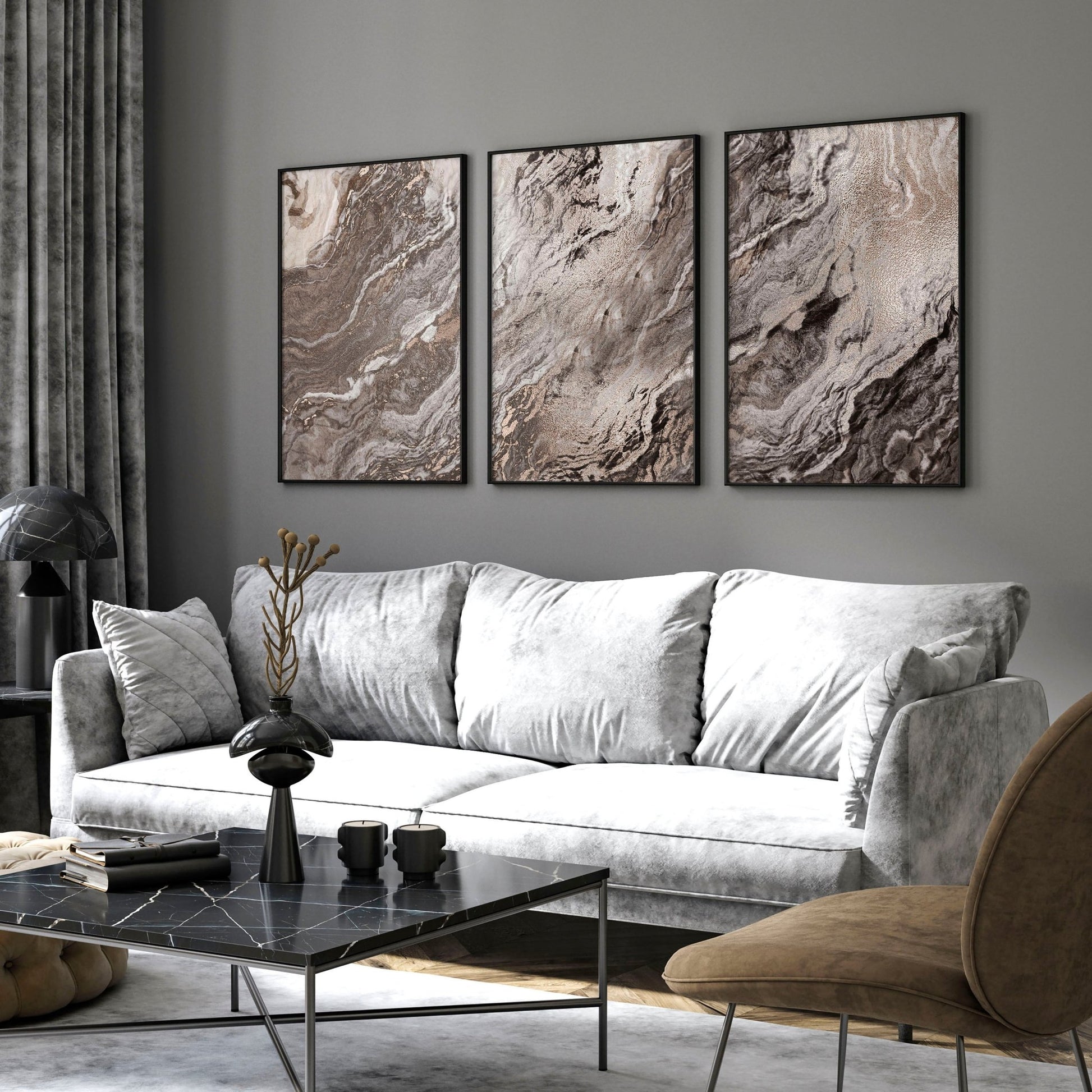 Large wall art living room | set of 3 Marble wall art prints