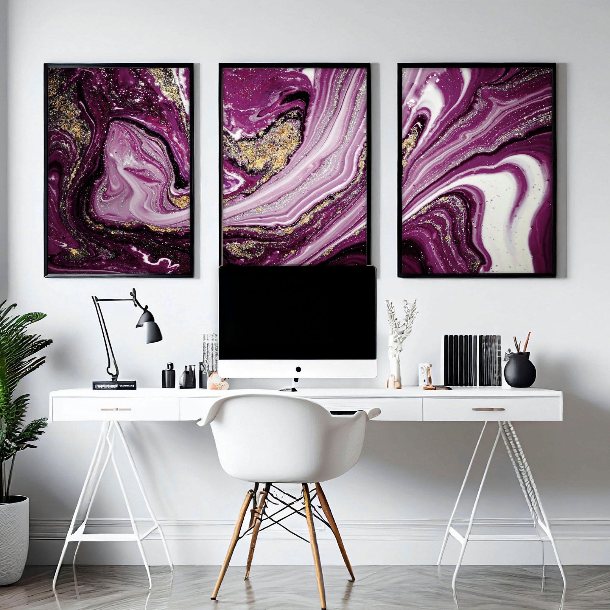 Juego de decoración de escritorio de oficina púrpura para mujeres x 3 impresiones de arte de pared enmarcadas, arte de pared de mármol abstracto maximalista para una decoración de escritorio de oficina audaz de abogado