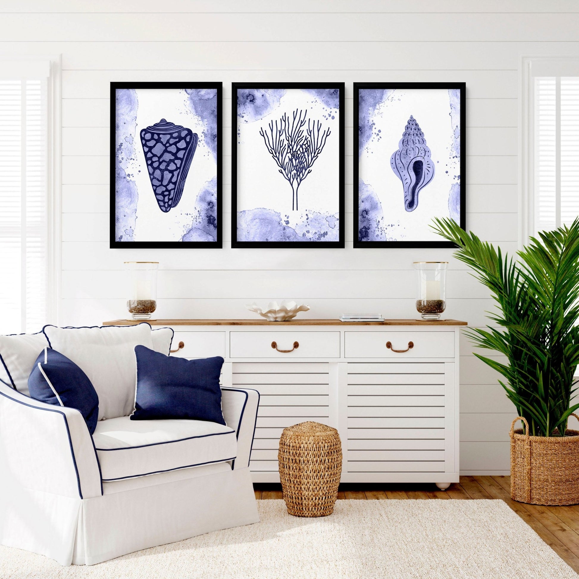 Modern beach theme living room | Set of 3 wall art prints - About Wall Art
