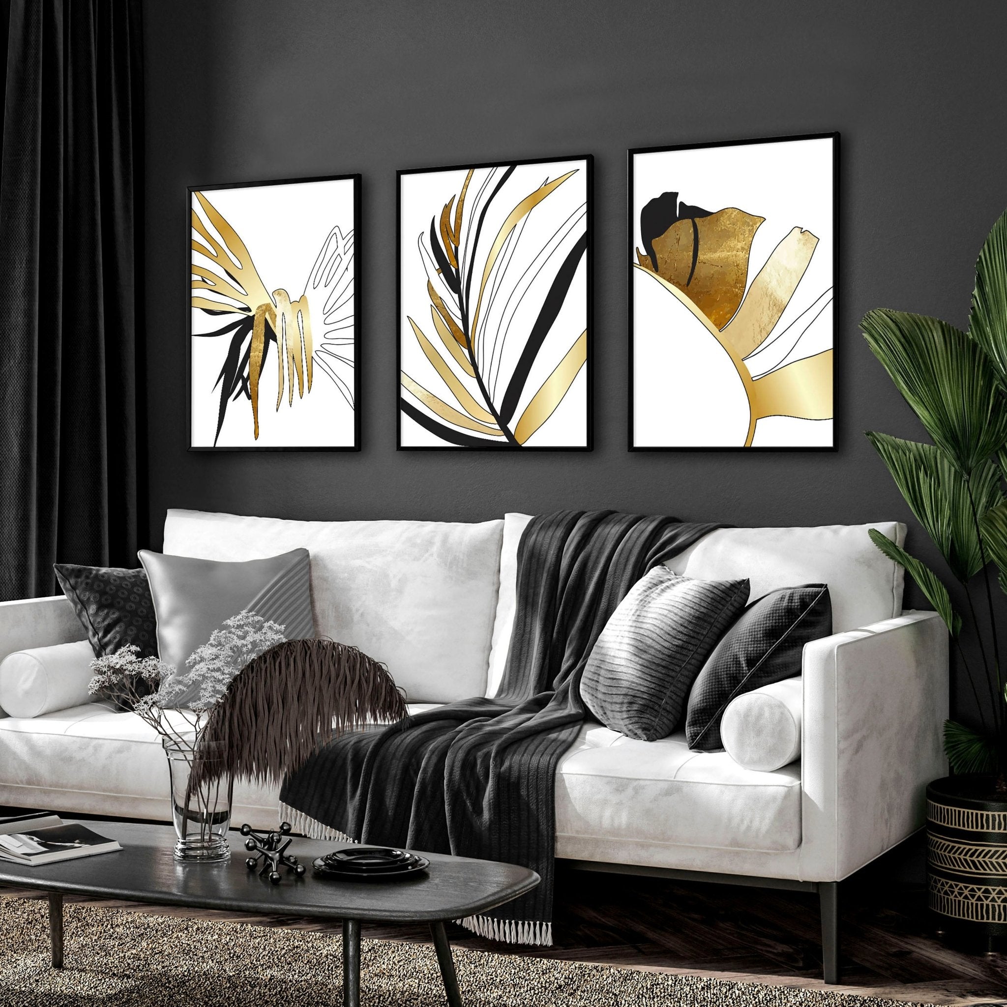 Juego botánico moderno negro y dorado de 3 impresiones de arte de pared enmarcadas para decoración de sala de estar de lujo, juego de arte colgante de pared grande para regalo de hogar nuevo