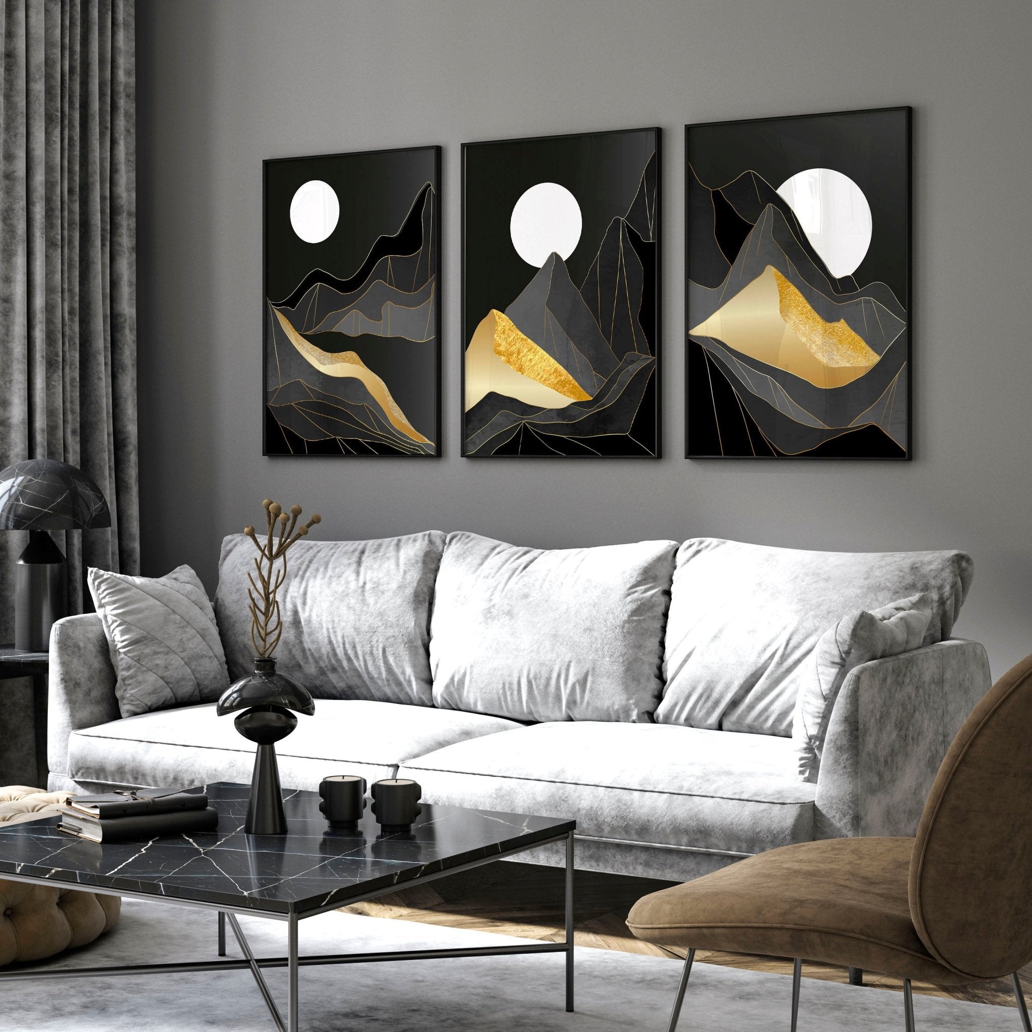 Black white and gold painting set newest of 3