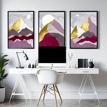 Juego de pintura de paisaje nórdico de 3 impresiones de arte de pared enmarcadas que calman el escritorio de la oficina en casa Decoración para mujeres, juego de arte de pared de galería escandinava de oro rosa