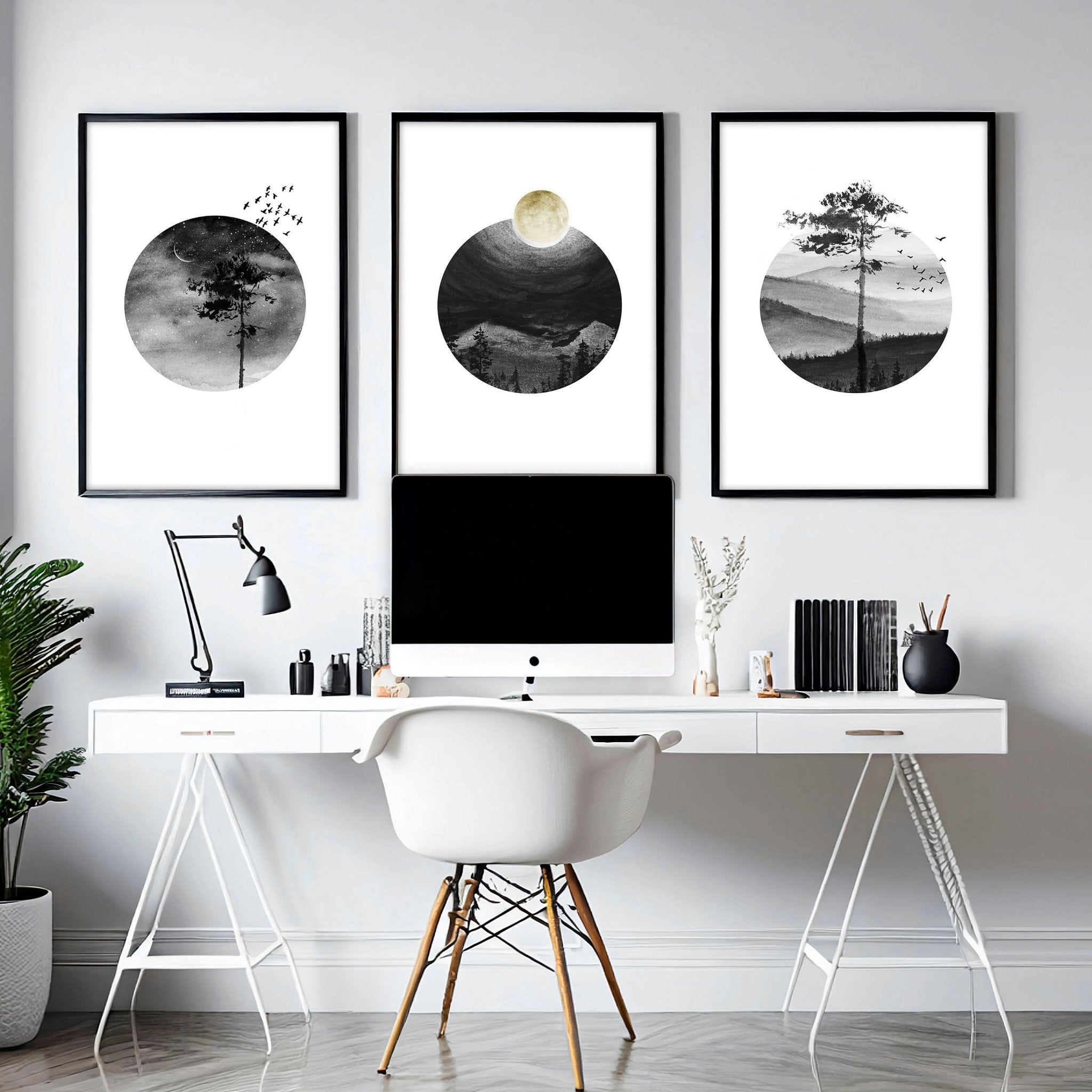 Nordic Scandi paisaje conjunto de 3 impresiones de arte de pared enmarcadas para una decoración de escritorio de oficina relajante, conjunto de arte de pared de galería de diseñador de moda para oficina