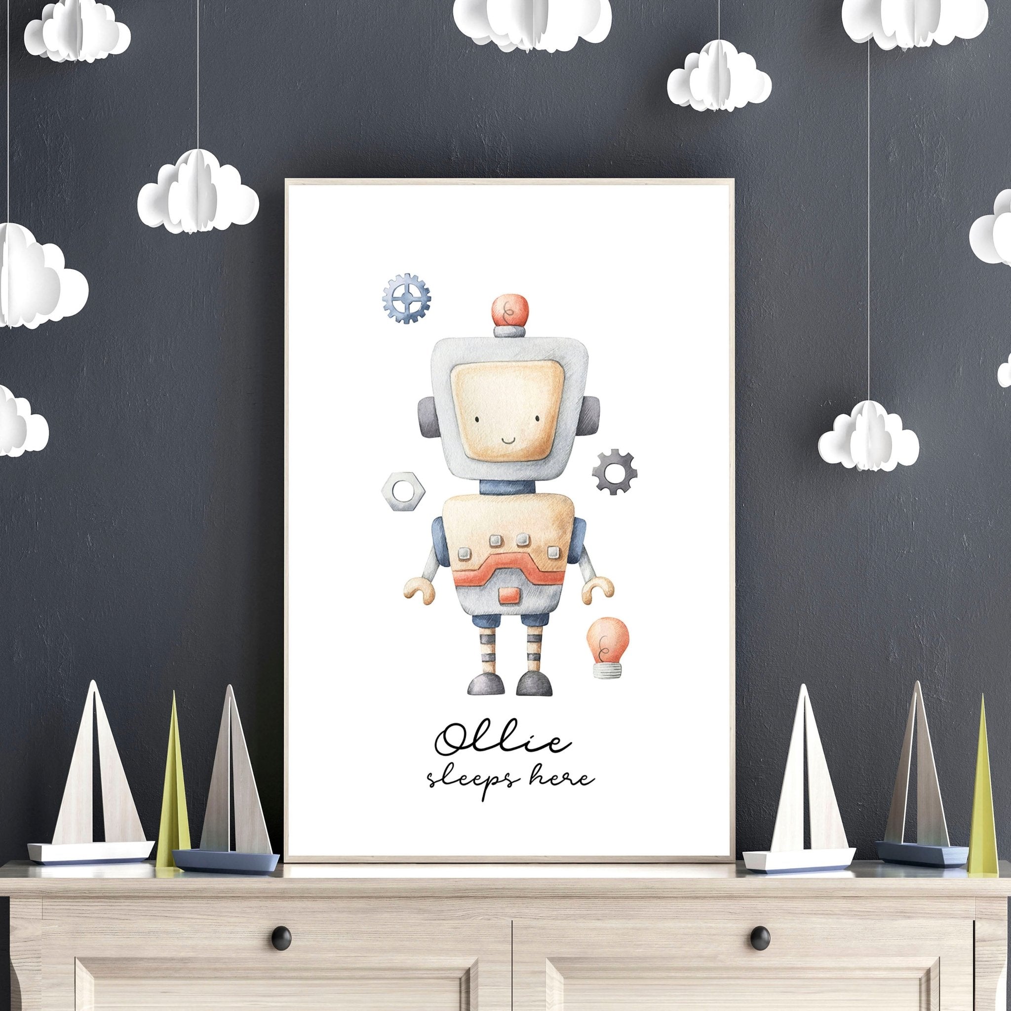 Impresión de arte de pared enmarcada con temática espacial para la decoración de la habitación del niño pequeño, signo de nombre de arte Robot personalizado azul pastel para la decoración de la pared del cuarto de niños del bebé