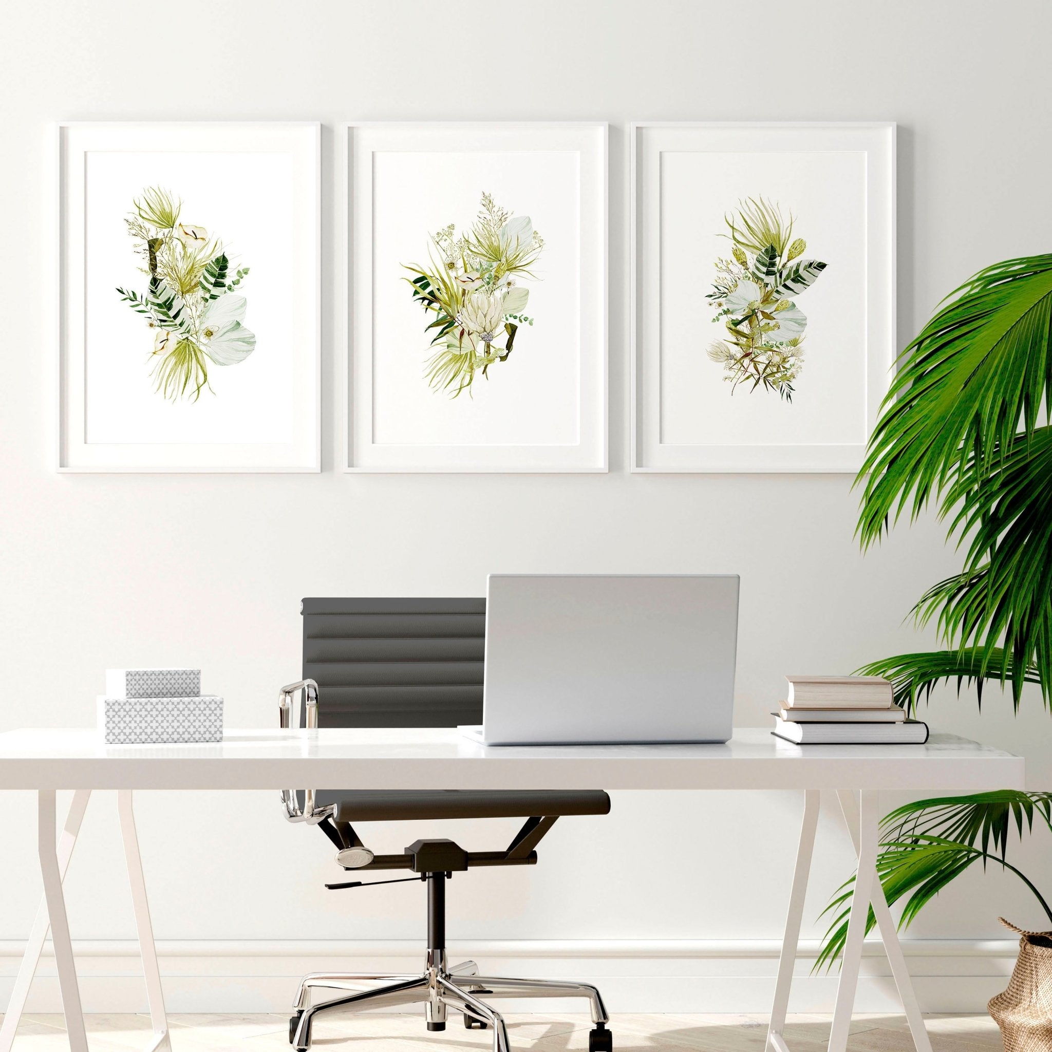 Home Office Decor para mujeres enmarcado 3 piezas wall art print Set, Moss Green Watercolour Greenery Designer Wall Art Office Professional Decor