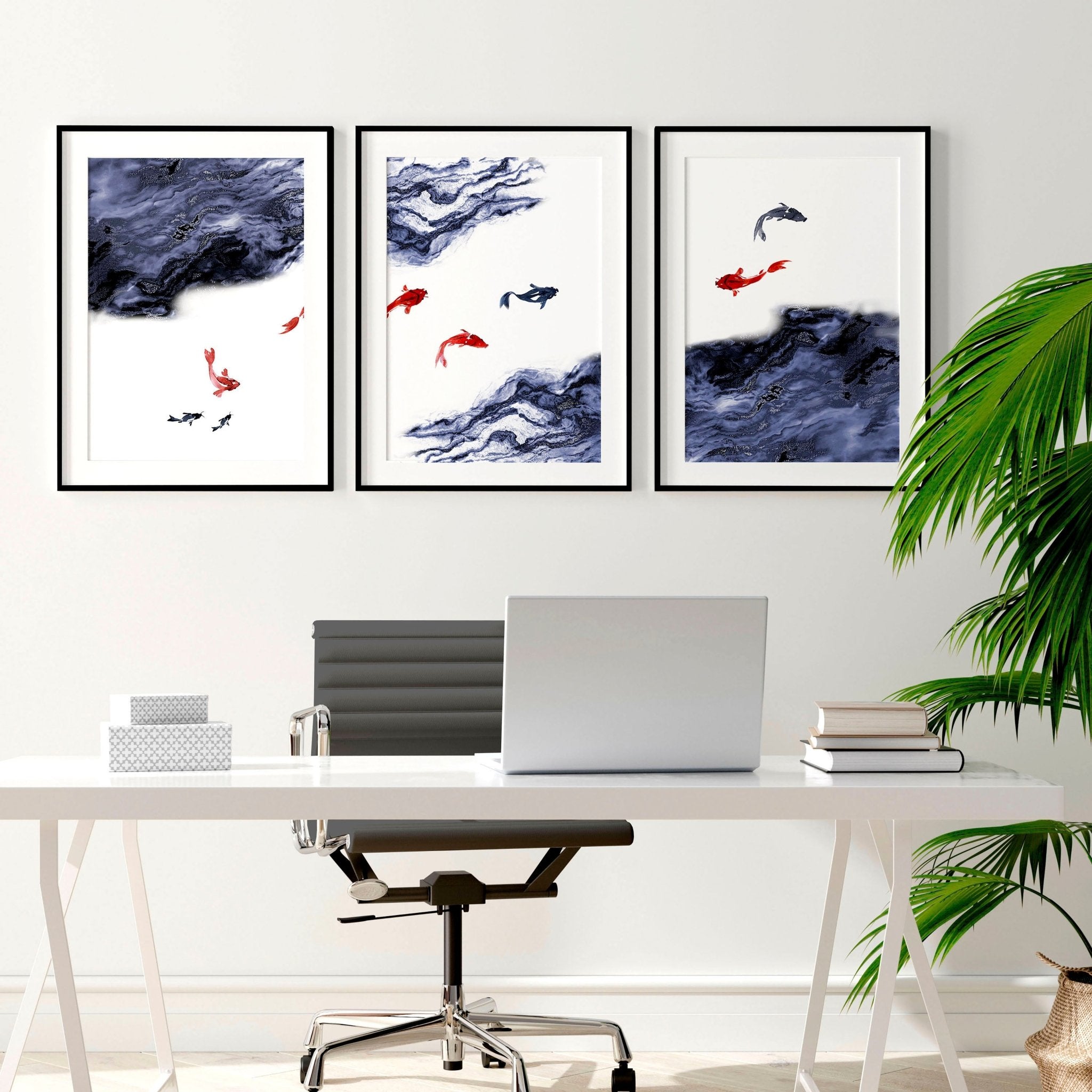 Japandi Home Office Decor juego de 3 impresiones de arte de pared enmarcadas, Blue Koi Fish Designer galería arte de pared juego de impresión colgante para decoración de escritorio de oficina