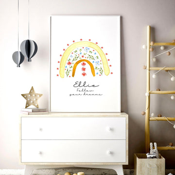 Impresión de arte de pared enmarcada de arco iris de núcleo de cabaña para habitación de niña pequeña, signo de arte de nombre Pastel personalizado para decoración de pared de guardería de niña