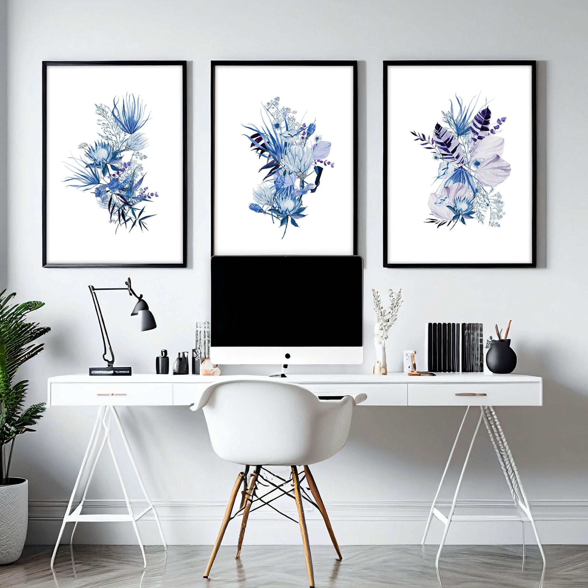 Decoración de la oficina en el hogar para mujeres enmarcada Juego de impresión de arte de pared de 3 piezas, arte de pared de diseñador de vegetación de acuarela azul para decoración profesional de oficina