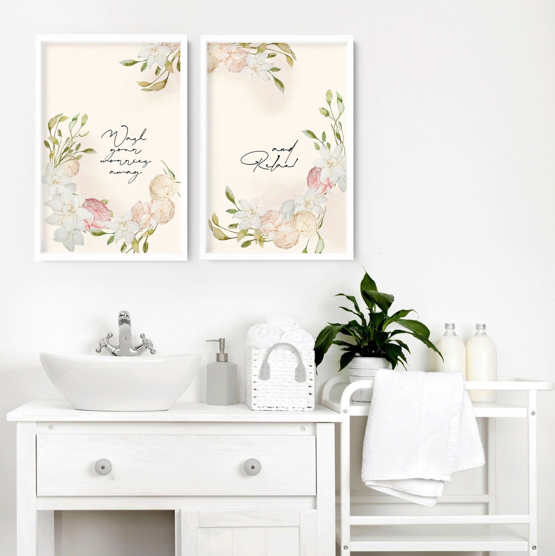 Pink blooms bathroom art prints | Set of 2 wall art - About Wall Art