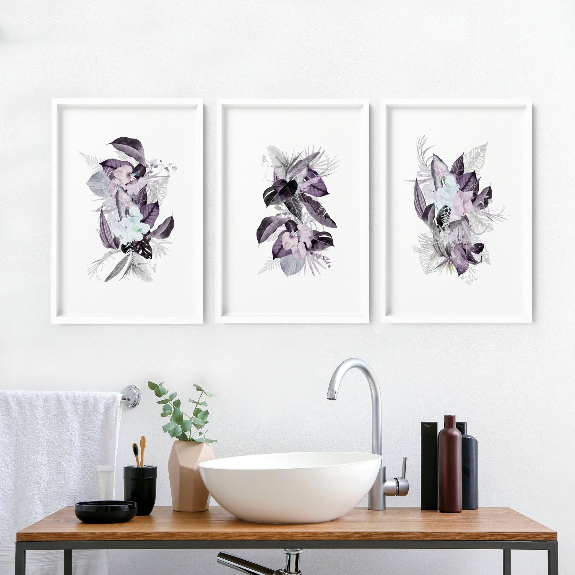 Wall decor for bathrooms | Set of 3 Tropical Purple wall art