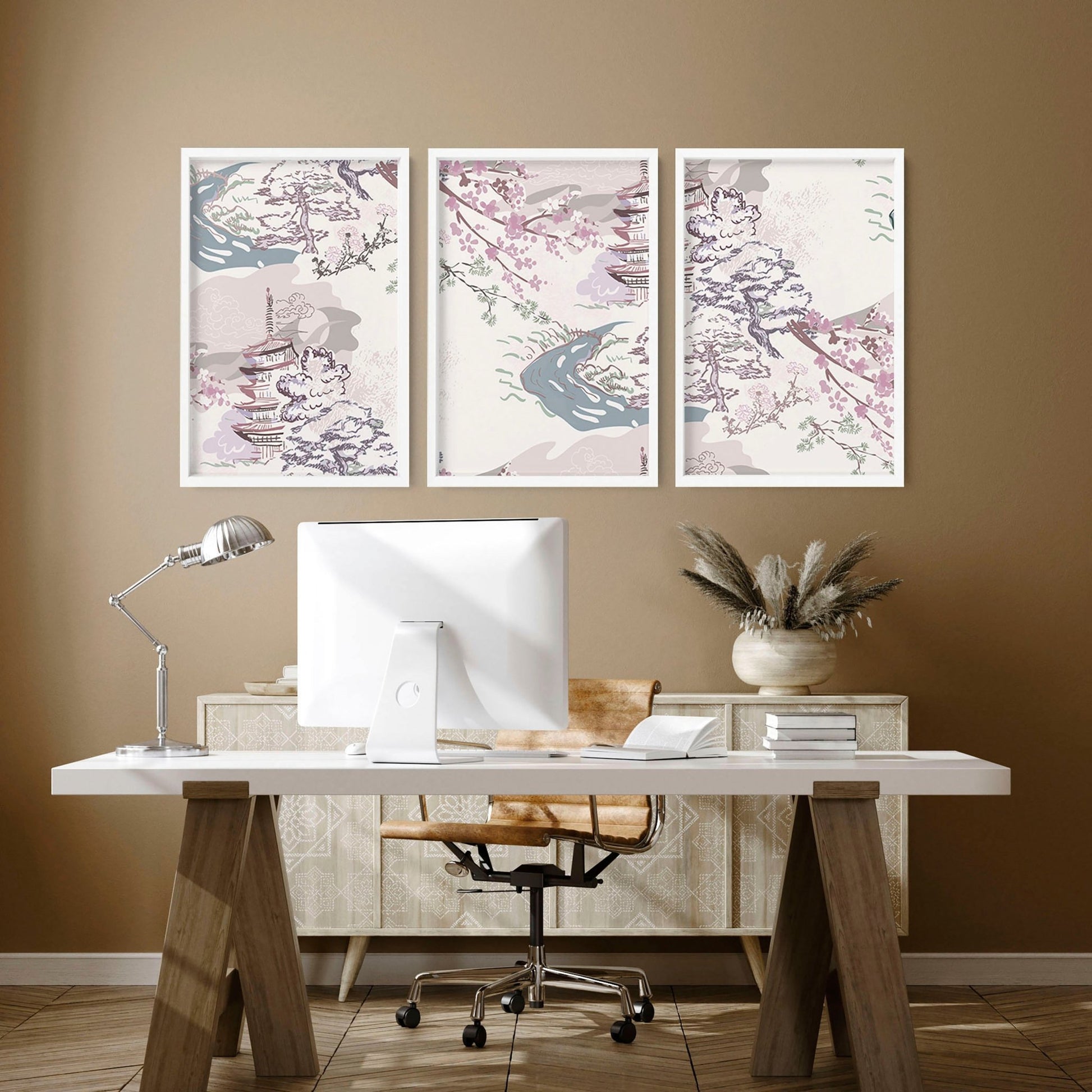 Chinoiserie wall art for home office decor | set of 3 framed wall art