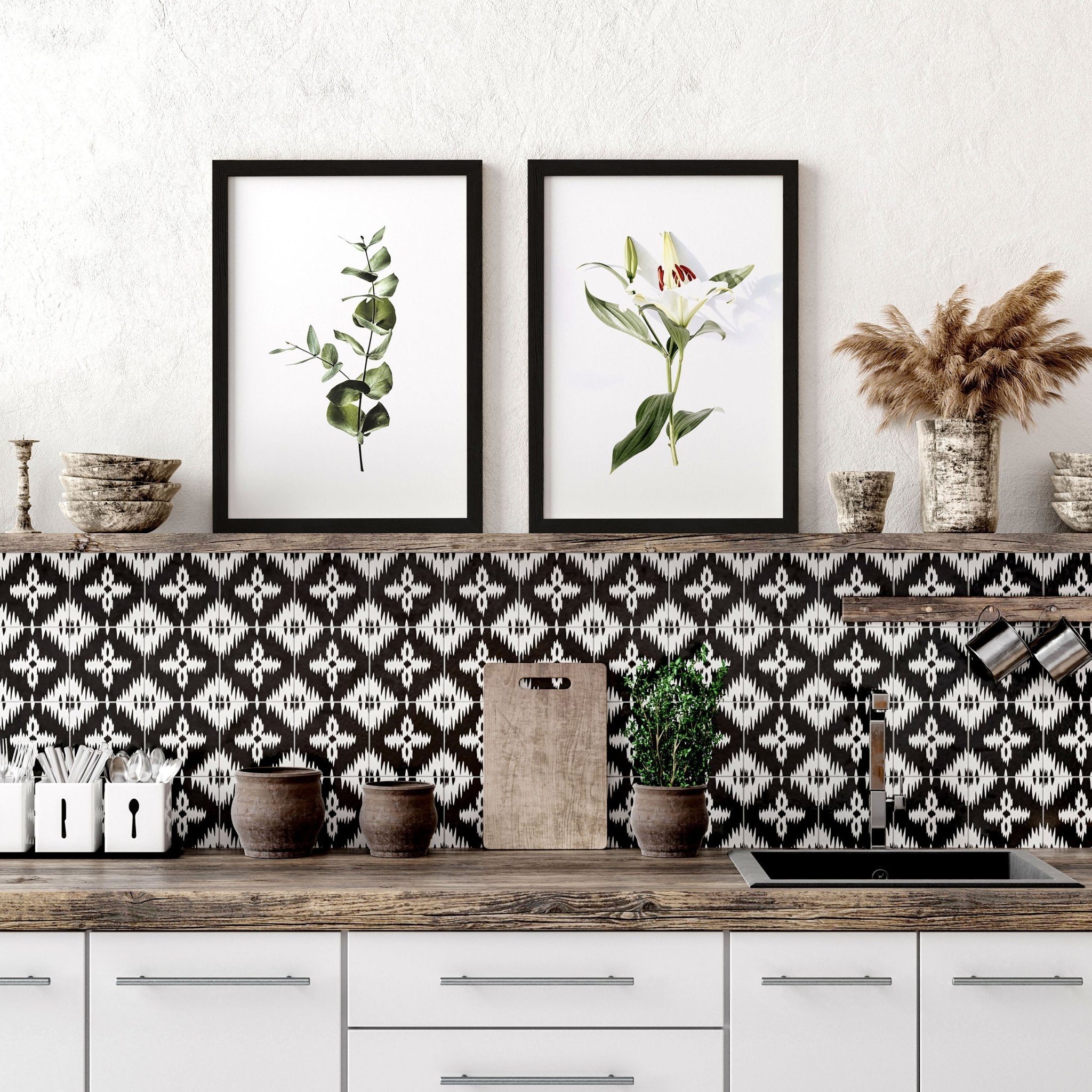 Juego enmarcado Shabby Chic de 2 impresiones de arte de pared para la decoración de la cocina y el comedor, juego de impresiones de arte de pared de la galería Botanical Greenery para el nuevo hogar