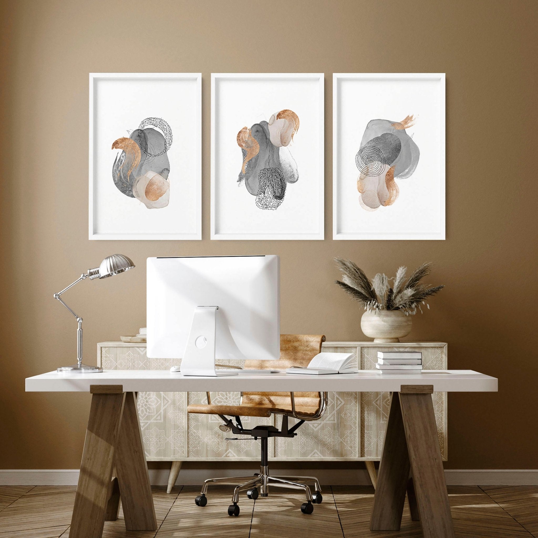 Pintura abstracta 3 paneles enmarcados impresiones de arte de pared para el escritorio de la oficina en casa de los hombres Decoración, gris y cobre Tono de la tierra Conjunto de estampado de moda para el dormitorio de los hombres