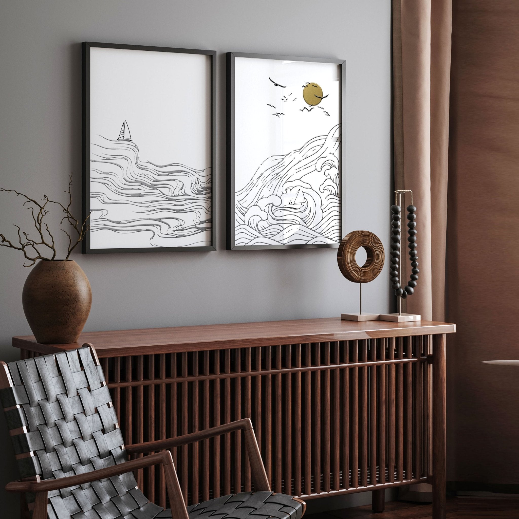 Decoración del hogar con temática de playa Juego de impresiones de arte de pared de 2 piezas a la moda y enmarcadas, Arte de pared costera náutica para la casa del lago, Impresión de arte minimalista moderno