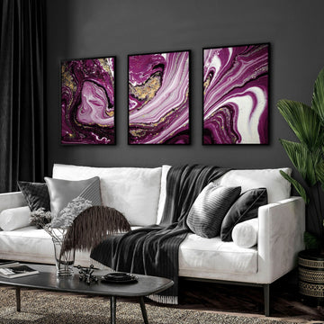 Purple abstract wall art framed | set of 3 wall art prints