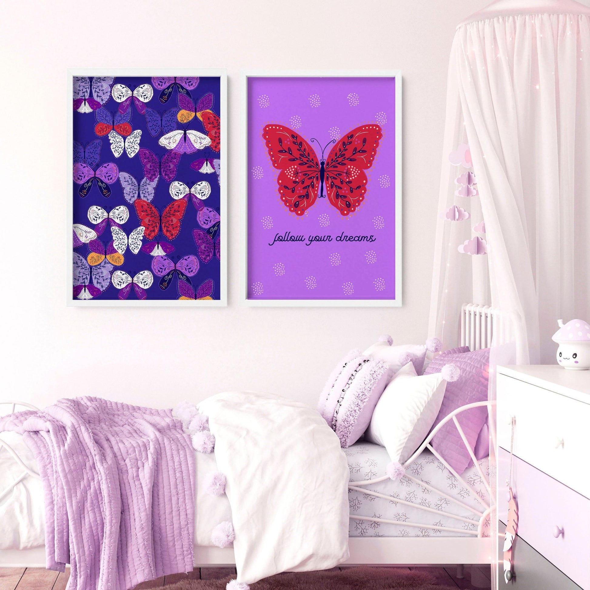 Purple wall butterfly | set of 2 wall art prints for little girl's room - About Wall Art