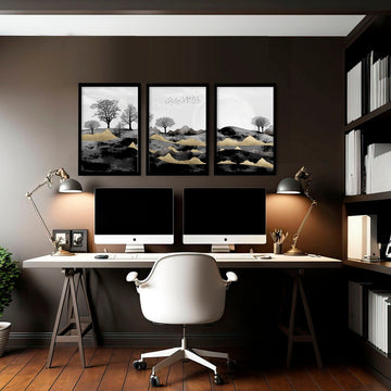 Juego de pintura de paisaje nórdico de 3 impresiones de arte de pared enmarcadas que calman el escritorio de la oficina en casa Decoración para hombres, juego de arte de pared de galería escandinava dorada