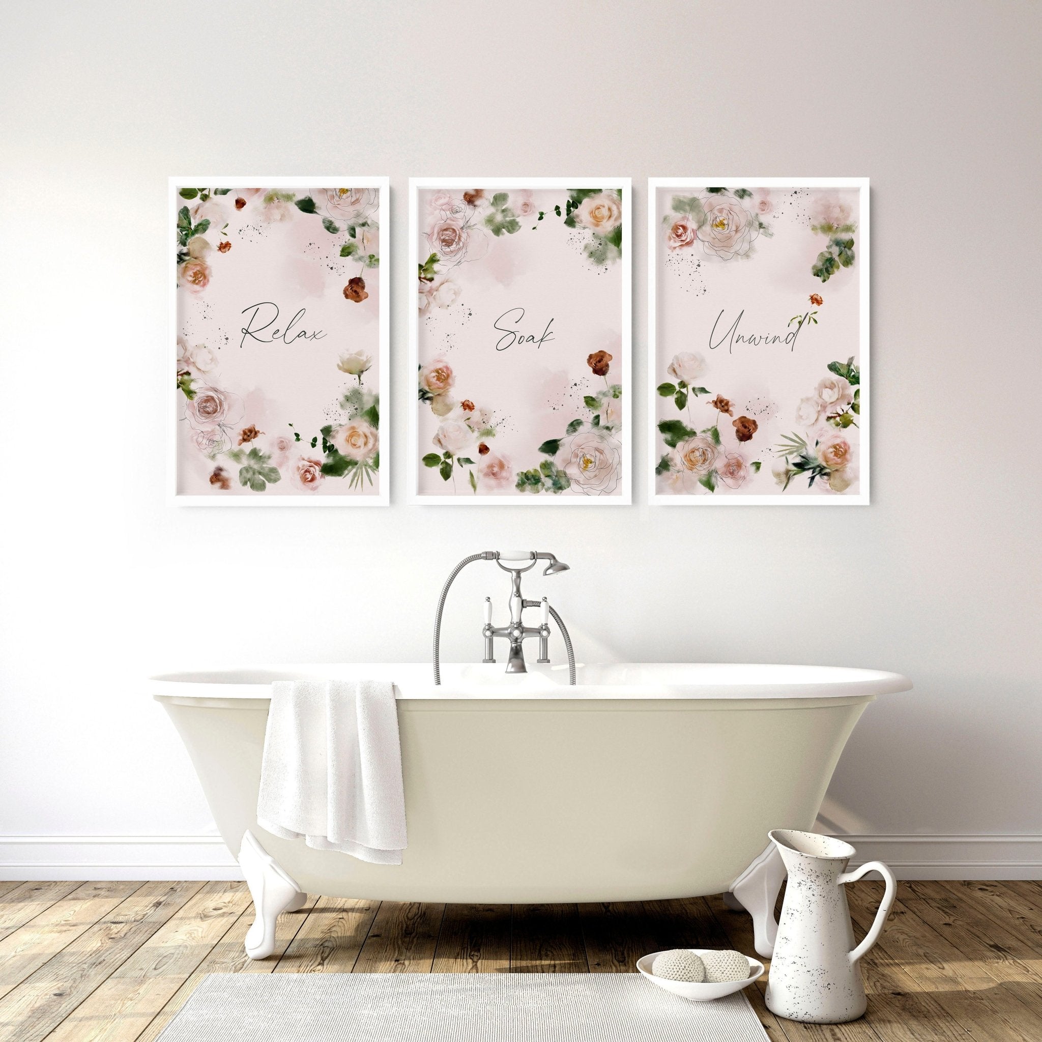 Shabby chic style | Bathroom set of 3 wall art prints