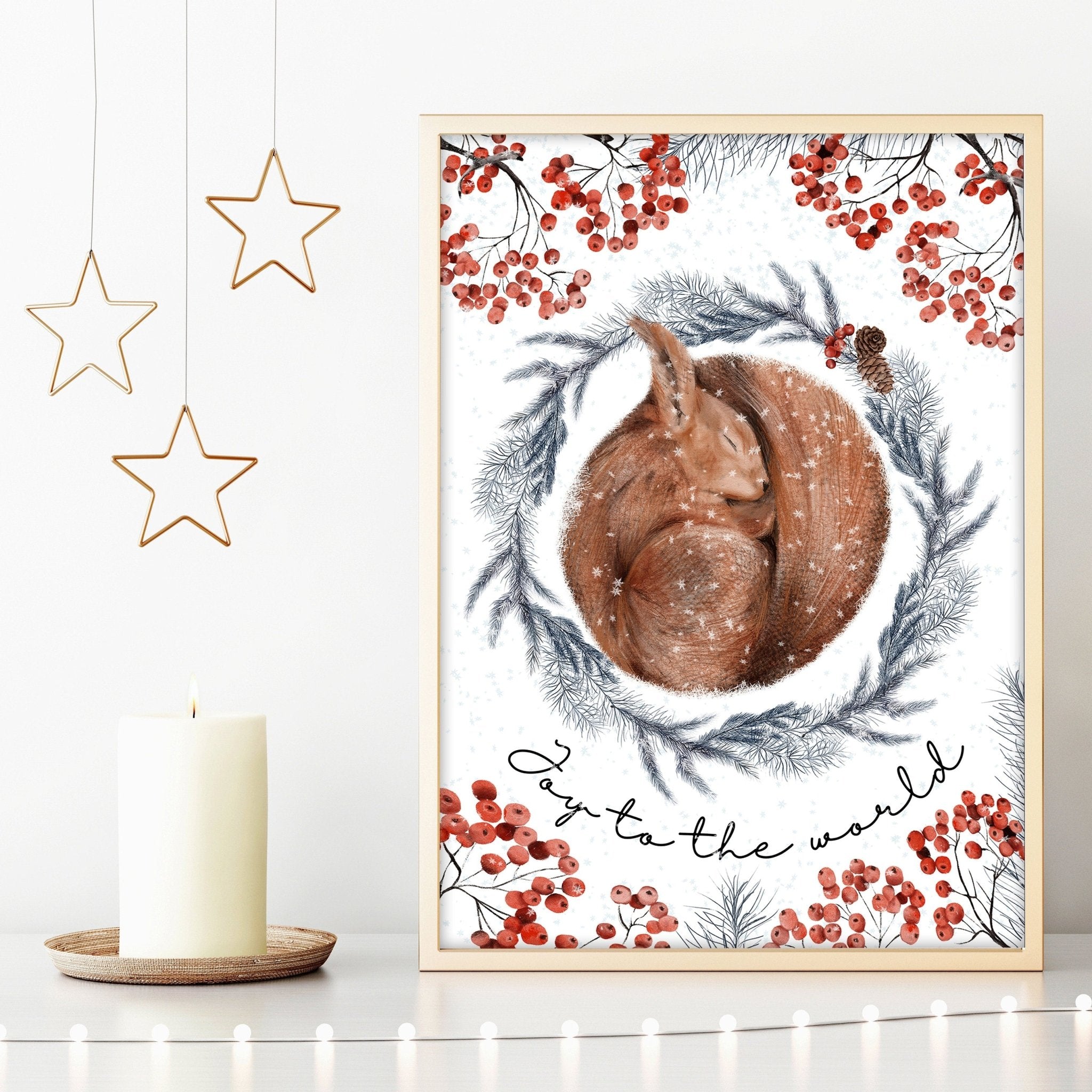 Squirrel wall art print for Folk Christmas Decor