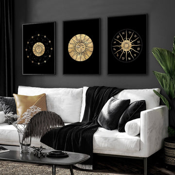 Juego de sol y luna de 3 impresiones de arte de pared enmarcadas para decoración de sala de estar, juego de arte de pared de galería de diseñador extra grande negro y dorado para regalo de hogar nuevo