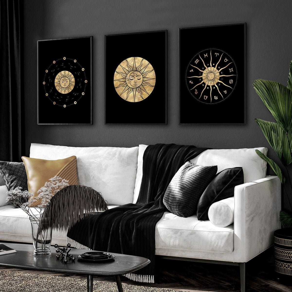 Sun and moon drawing - set of 3 framed wall art | About Wall Art