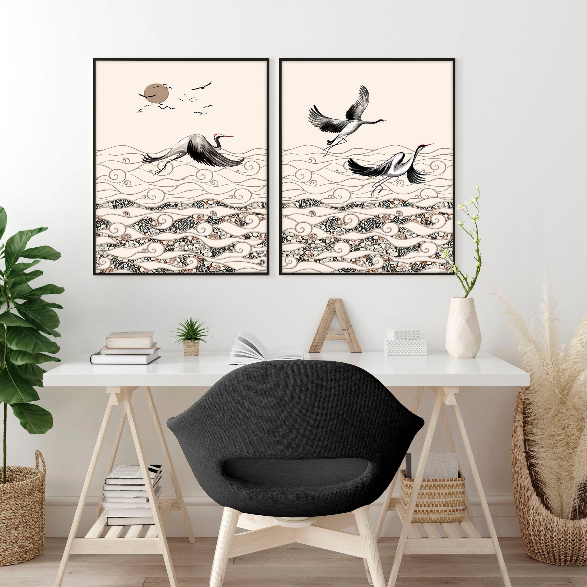 Traditional Japanese Crane Art | set of 2 wall art prints