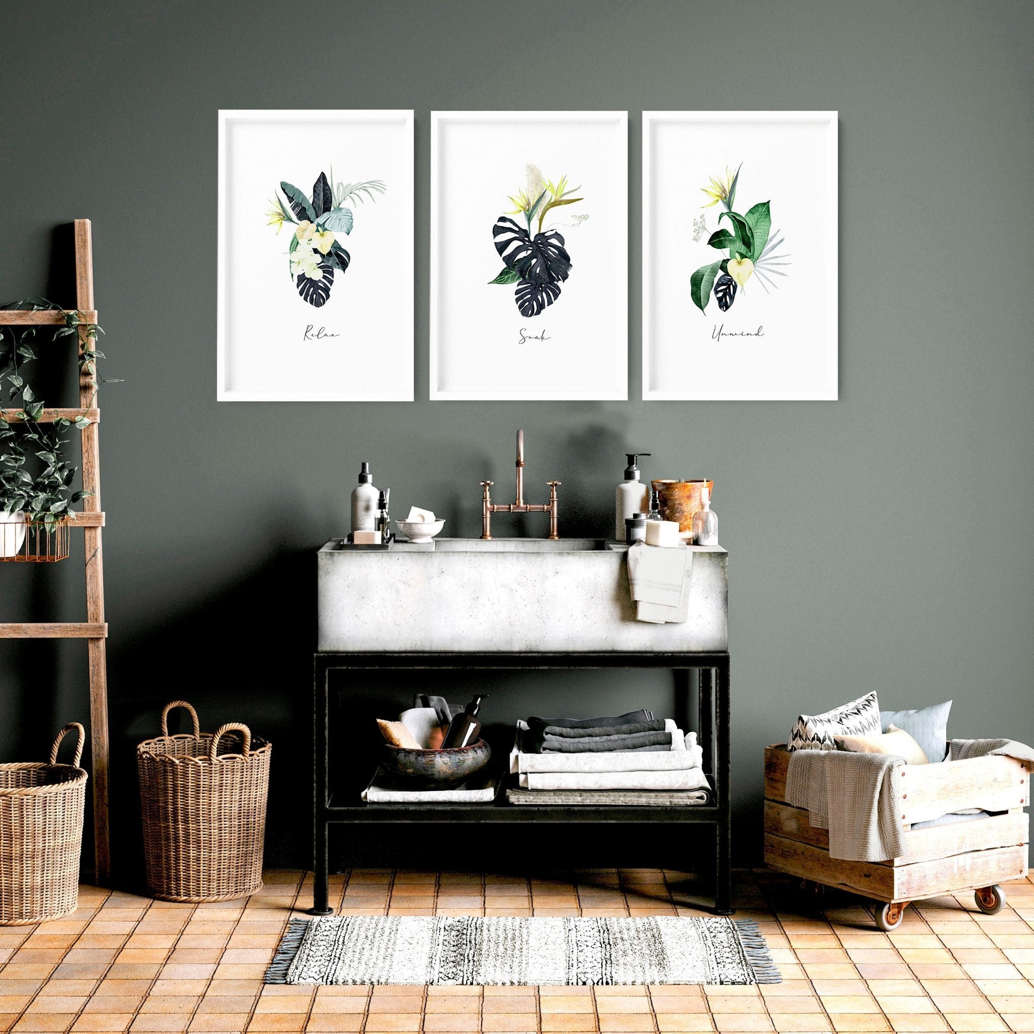 Tropical art prints for bathroom | set of 3 wall art - About Wall Art