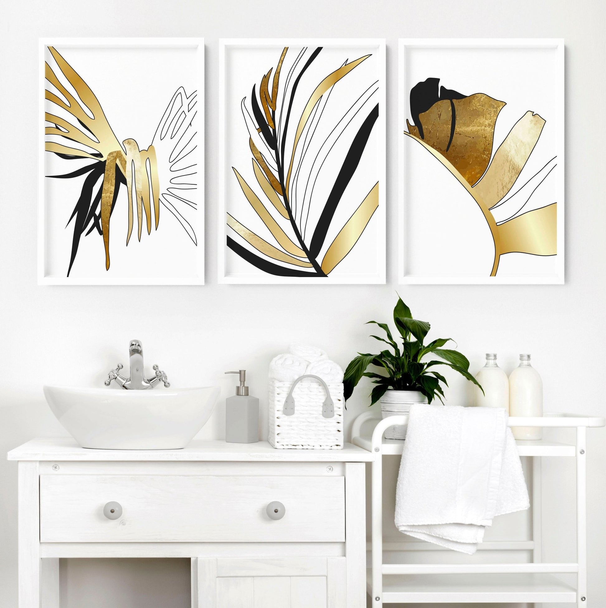 Tropical Gold wall art in bathroom | set of 3 wall art - About Wall Art
