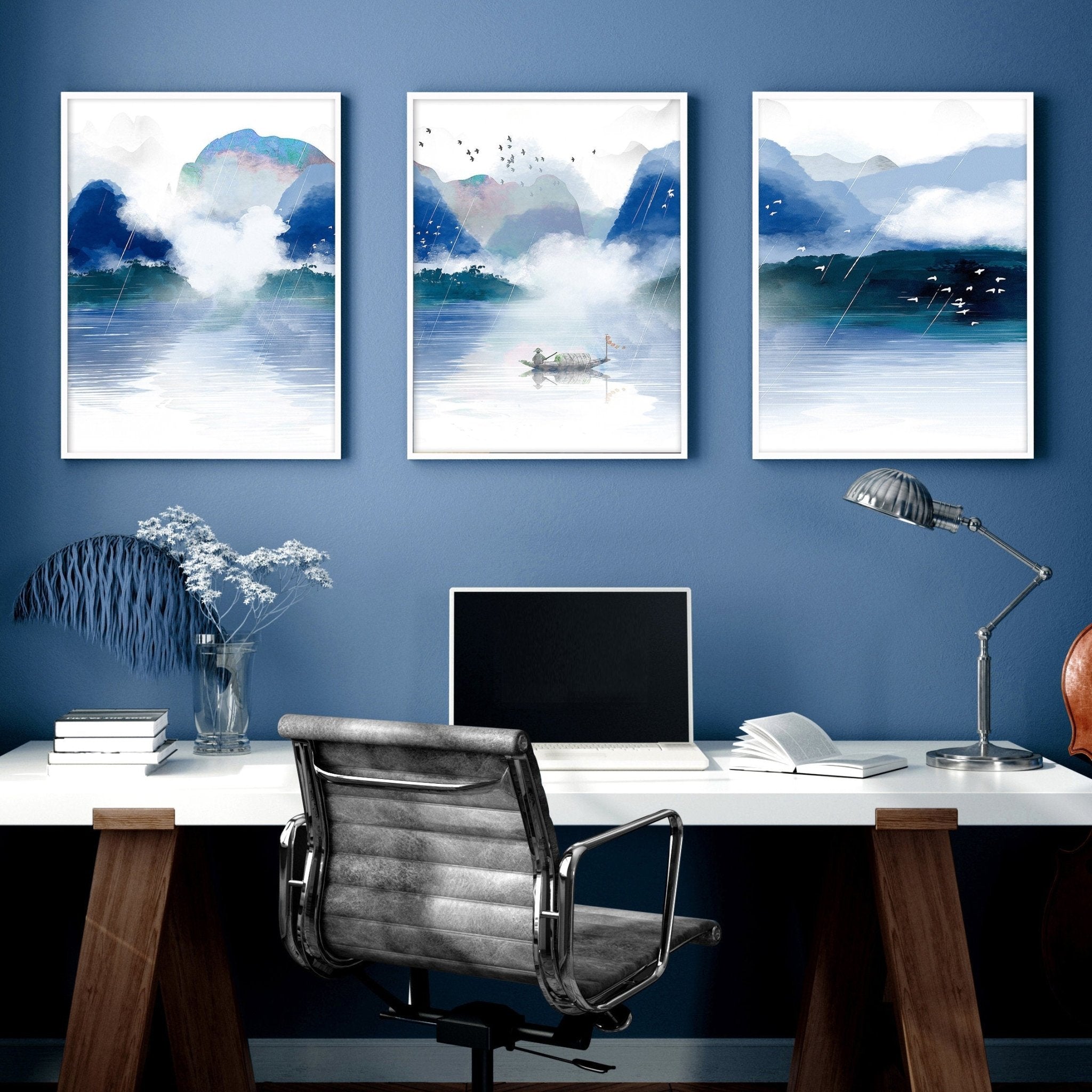 Juego de decoración de escritorio de oficina japonesa calmante para hombres de 3 arte de pared de panel enmarcado, juego de arte de pared de galería de paisaje de diseñador japonés grande verde azulado y azul