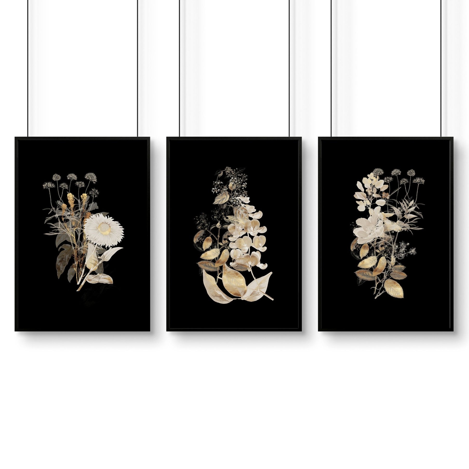 Wall art gold Floral for living room | set of 3 wall art prints