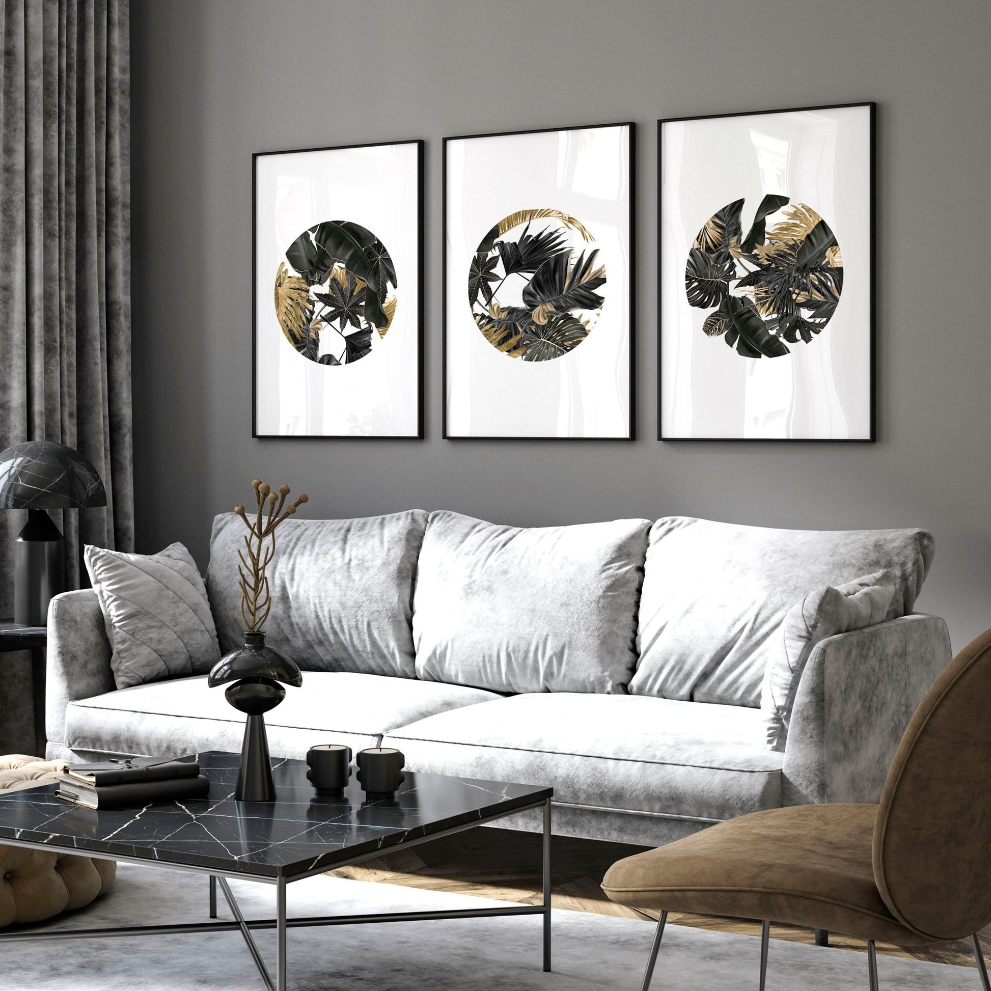 Wall art with gold for living room | set of 3 Tropical wall art prints