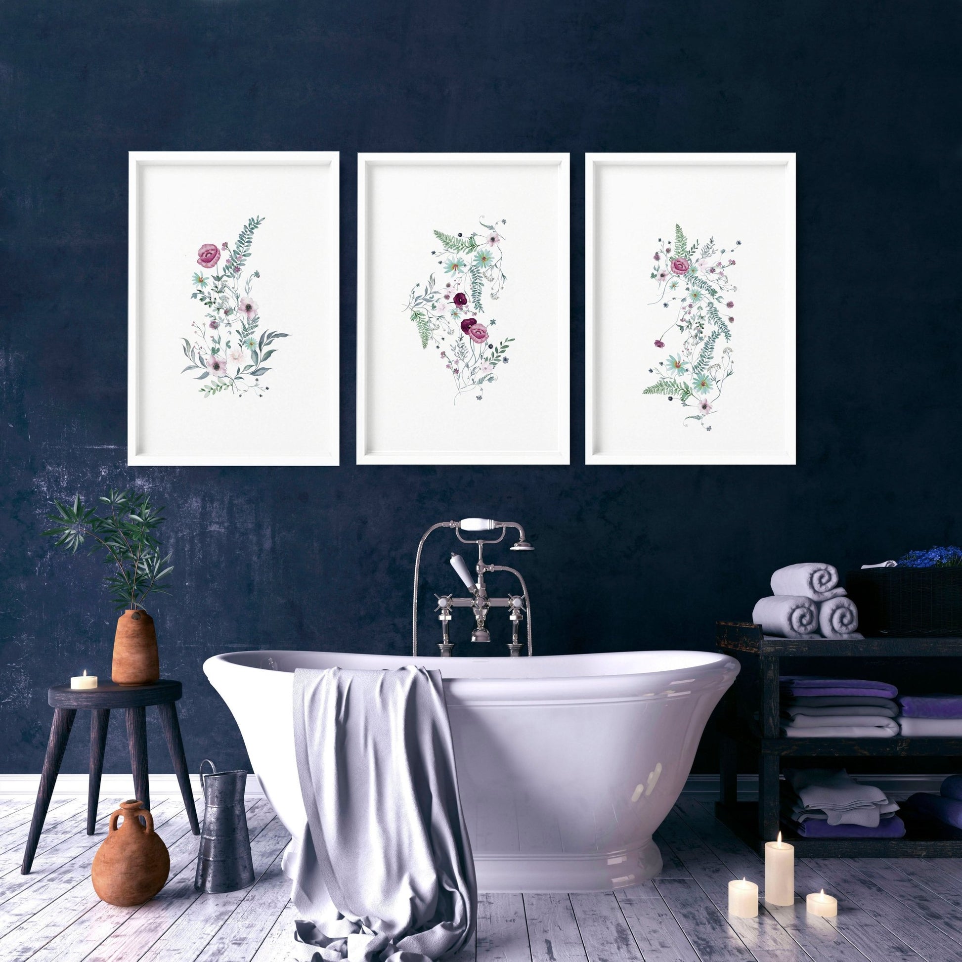 Wall prints bathroom | set of 3 Shabby Chic art prints