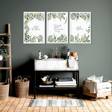 Watercolour Greenery prints for bathroom UK | set of 3 wall art - About Wall Art