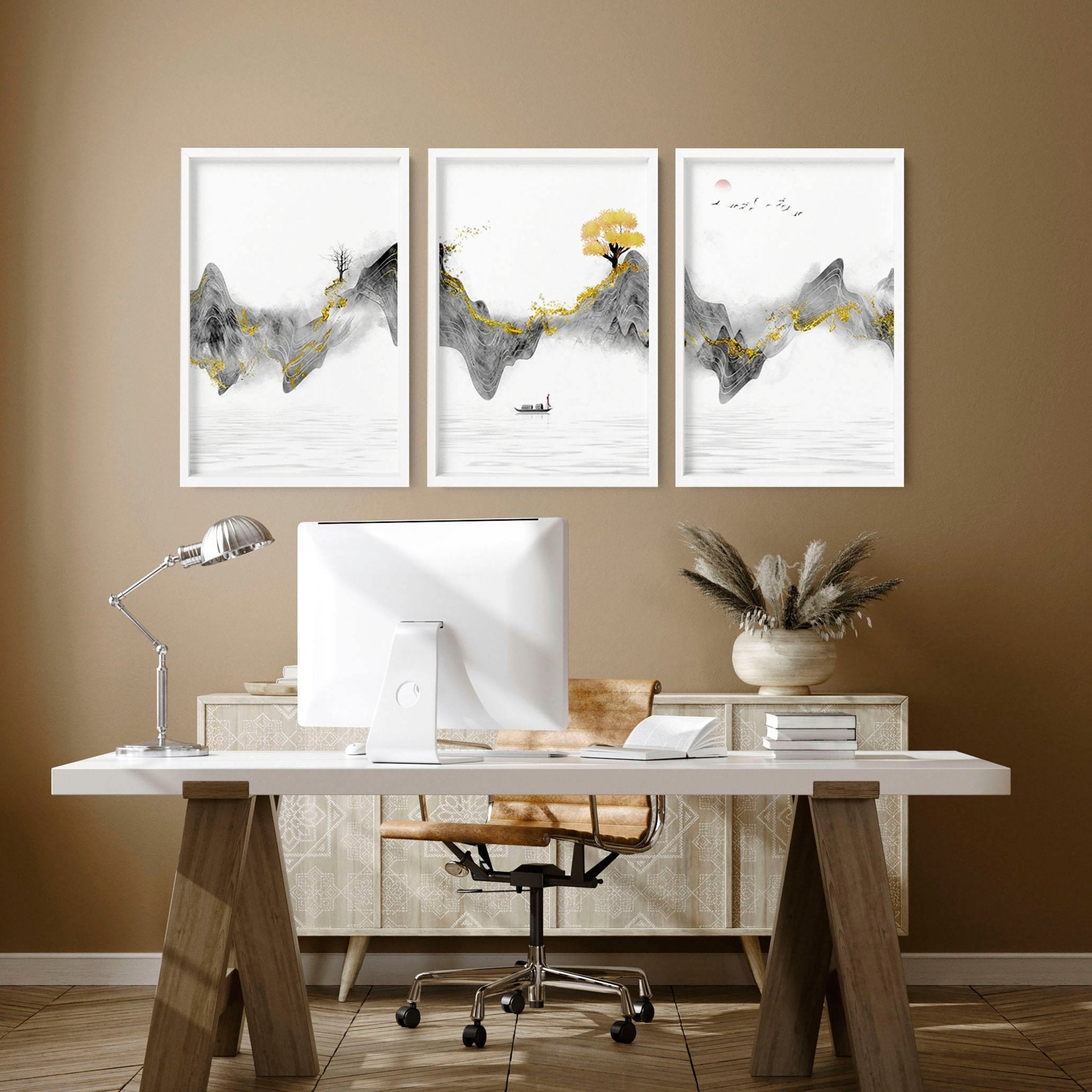 Juego Japandi de 3 impresiones de arte de pared enmarcadas para una decoración de escritorio de oficina relajante, juego de impresión de arte de pared de galería de puesta de sol de paisaje japonés gris y dorado