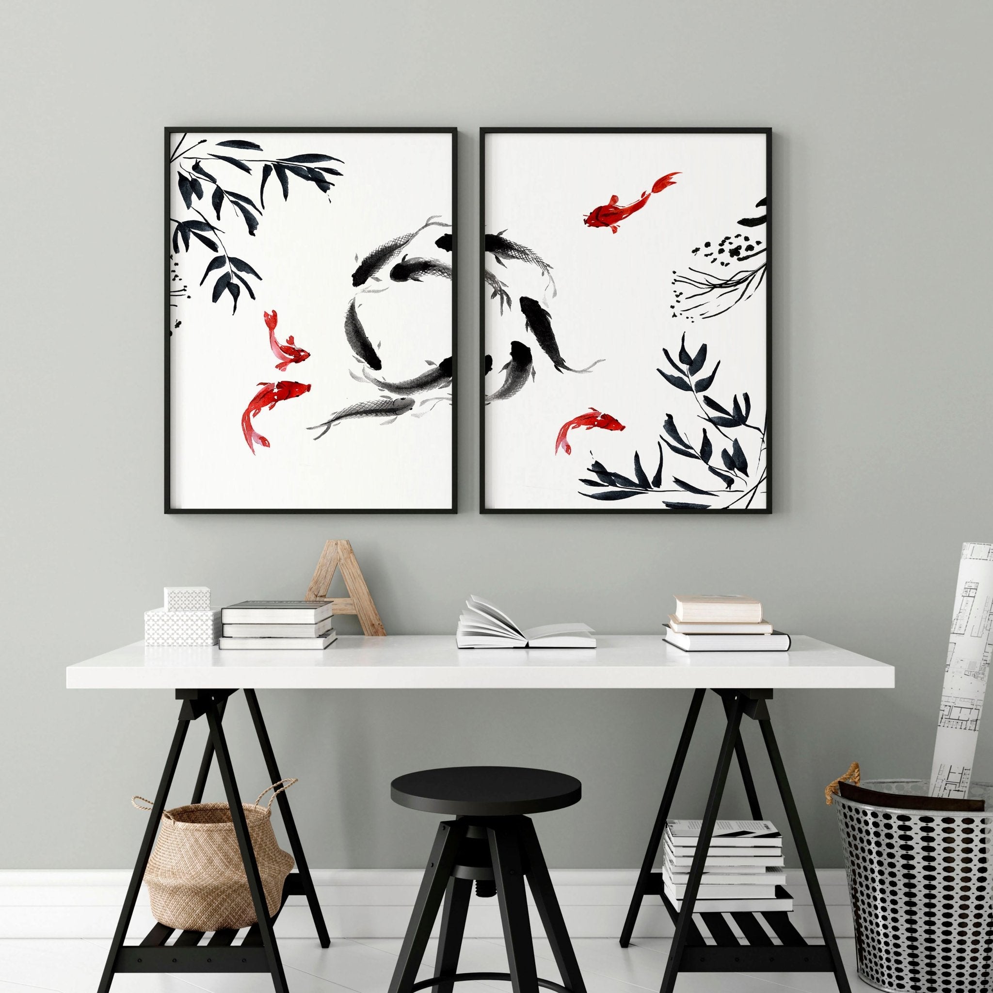 Japandi Koi Fish Home Office Decor juego de 2 impresiones de arte de pared enmarcadas, arte de pared de galería de diseñador en blanco y negro colgando para decoración de escritorio de oficina